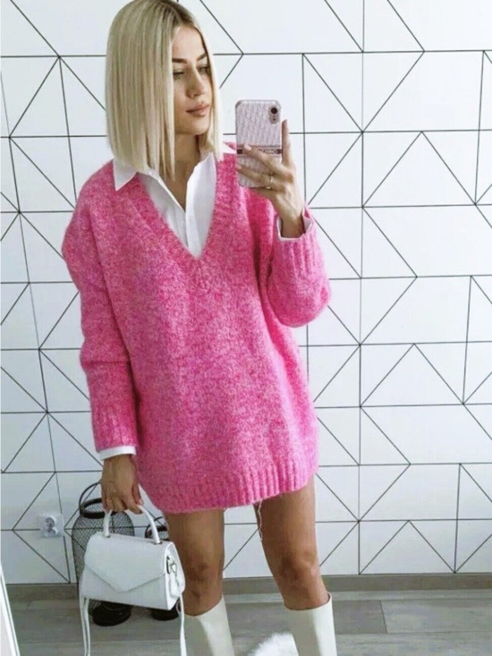 Zara Wool Alpaca Bubblegum Pink V-Neck Oversized Sweater size M